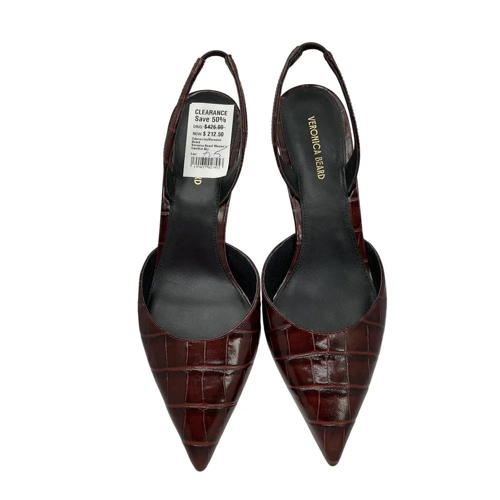 Veronica Beard Caroline Mahogany Croc Embossed Leather Slingback Pumps 7.5M NWT